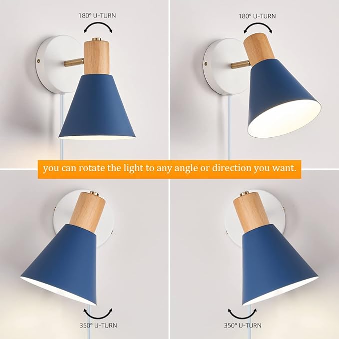 Plug in Wall Sconces Lighting Fixture Pack of 2, Wooden Adjustable Bedside Wall - Image 6