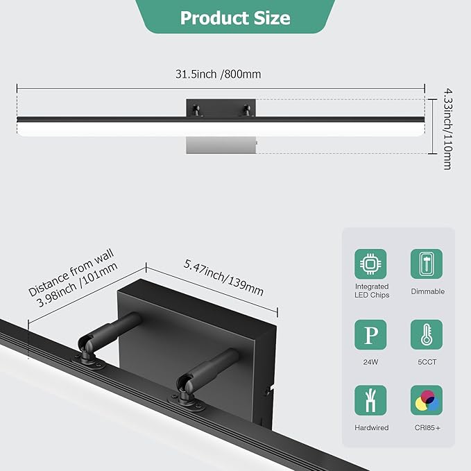 Black Vanity Light 31.5" Long 24W LED Bathroom Light Bar - Image 6