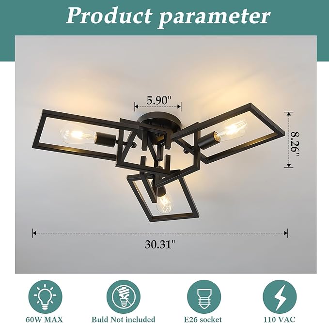 ZGLAOJT Black Industrial Flush Mount Ceiling Light 3-Light Kitchen Light - Image 2