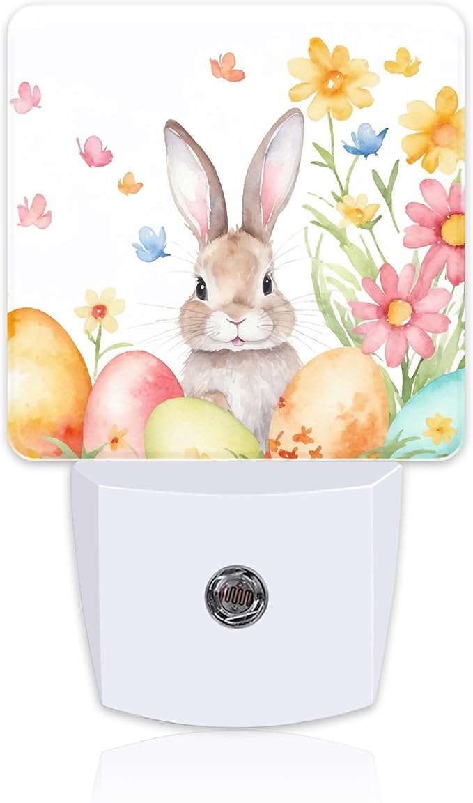 Cute Easter Bunny and Eggs Night Light, Easter Rabbit and Flowers Dusk to Dawn by sndheke