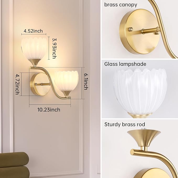 Battery Operated Wall Sconce, 2-Lights Vinatge Brass Wall Lighting - Image 5