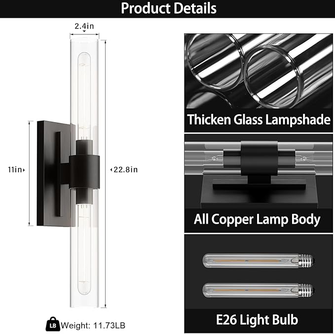 Black 22.8" Sconces Wall Lighting, Bathroom Vanity Lights Fixtures - Image 2
