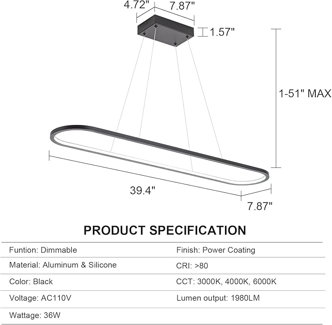 MADEM Modern LED Chandelier, 39.4'' Black Linear Light Pool Table Pendant Light - Image 5