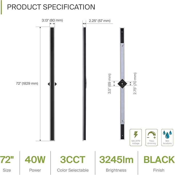ASD LED 72" Long Wall Mount Light Fixture, Outdoor & Indoor Linear Sconce | 3CCT - Image 2