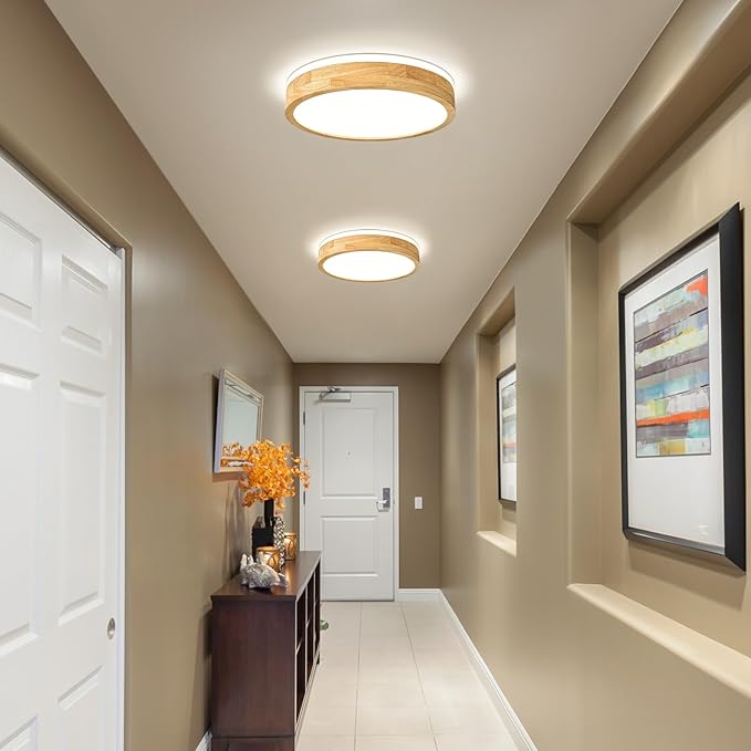Modern Dimmable Wood Flush Mount Ceiling Light, 2700K-6000K 5CCT Round Close to - Image 8