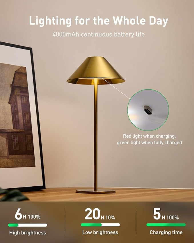 Bojim Gold Cordless Lamp Set of 2, Rechargeable Touch Table Lamps - Image 2