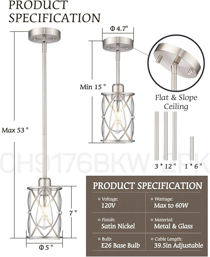 Brushed Nickel Pendant Lights Kitchen Island 2 Pack, Mini Glass Pendant Light - Image 3