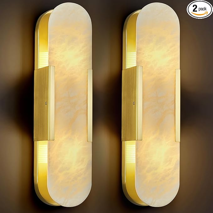 Brass Alabaster Wall Sconces Set of Two, Modern Natural Marble Wall Sconces by Unknown
