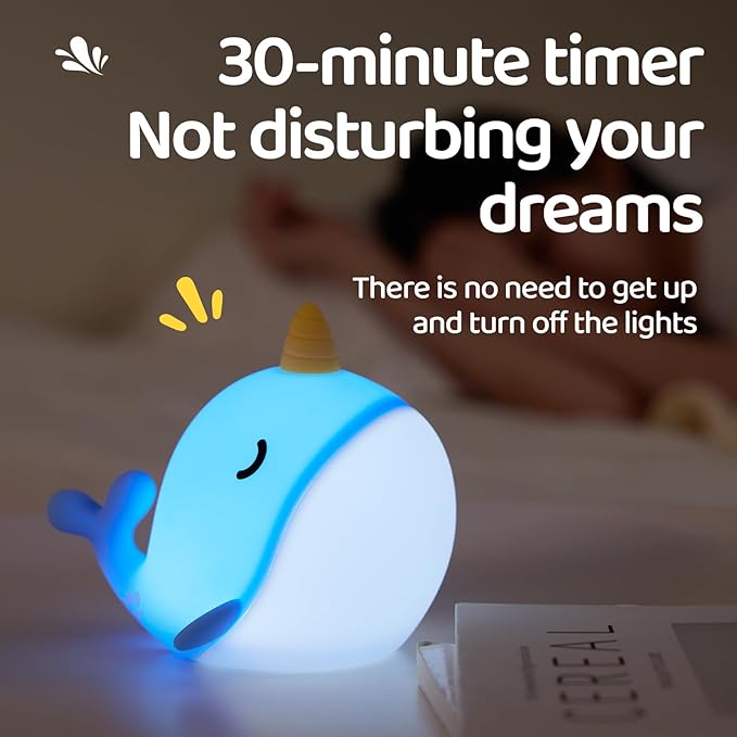 Cute Whale Night Light, Soft Narwhal Silicone LED Night Lamp, Rechargeable - Image 5