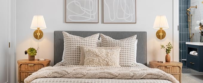 Set of Two Modern Wall Sconces Brass Frabic Wall Lights Contemporary Classic - Image 9