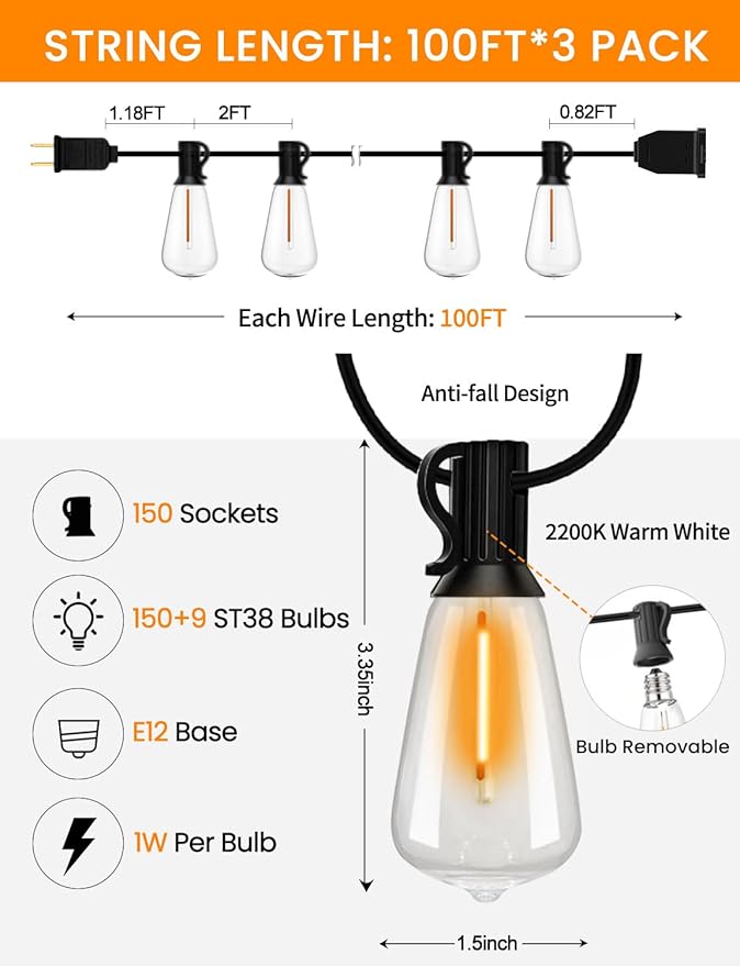 Outdoor String Lights 300ft Waterproof Shatterproof Patio String Lights - Image 2