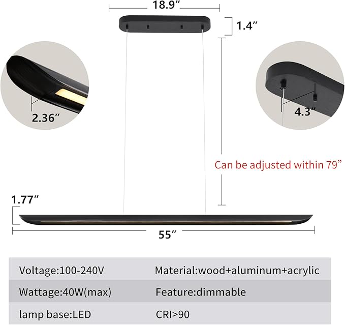 55" Modern LED Linear Pendant Light, Dimmable Kitchen Island Light 40W LED - Image 2