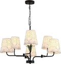 Black Chandeliers with White Fabric Shade, Farmhouse Green Plants Chandelier by SUETONG