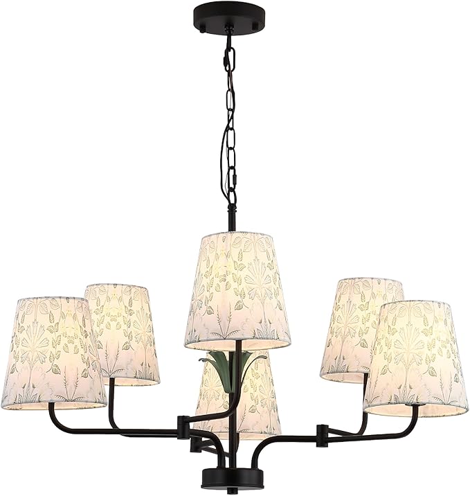Black Chandeliers with White Fabric Shade, Farmhouse Green Plants Chandelier by SUETONG
