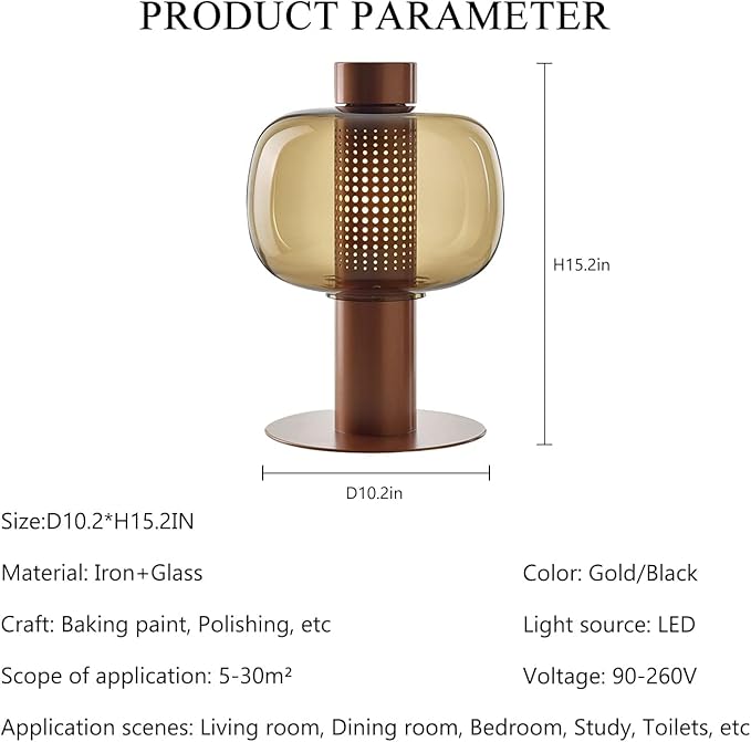 Modern Amber Glass Table Lamp Glass Shade Gold Base Desk Lamp Minimalist Design - Image 7