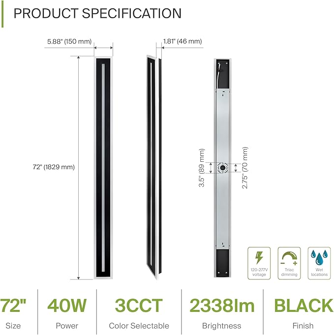 ASD LED 72" Long Wall Mount Light Fixture, Outdoor & Indoor Linear Sconce | 3CCT - Image 2
