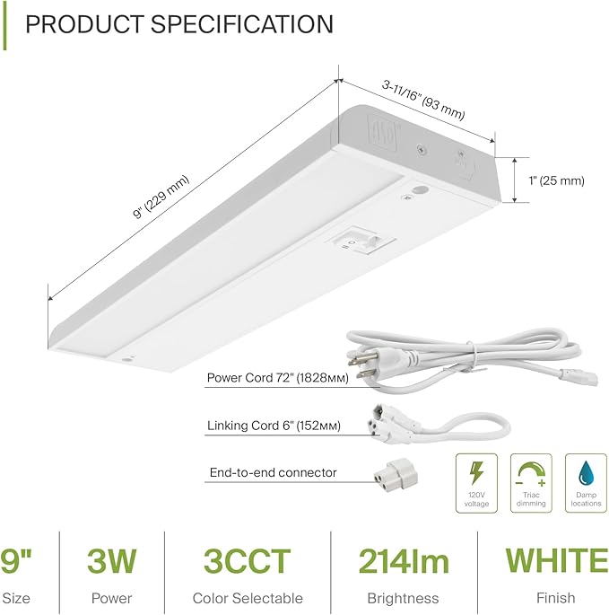 ASD 9 Inch LED Under Cabinet Lighting Plug in or Hardwired, High/Low/Off Switch - Image 2