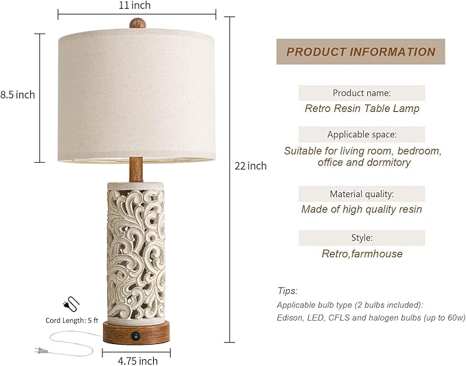 OYEARS 22'' Table Lamp Set of 2 - Image 5