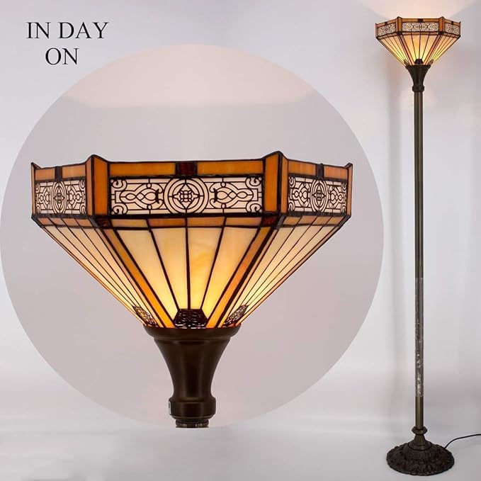 WERFACTORY Tiffany Floor Lamp Yellow Hexagon Stained Glass Mission Light - Image 3