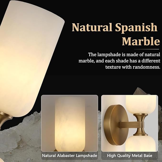 Alabaster Wall Sconce Set of 2, 14in Modern Brass Spanish Natural Marble - Image 5
