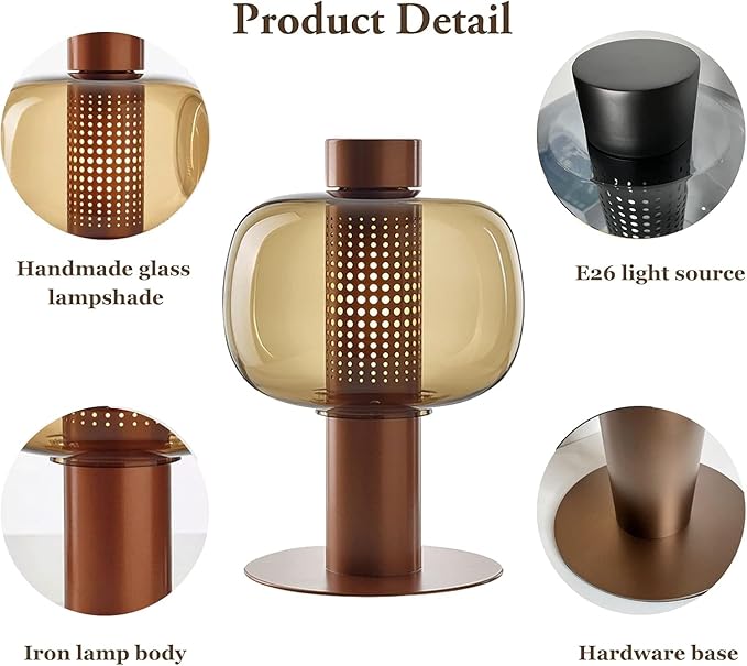 Modern Amber Glass Table Lamp Glass Shade Gold Base Desk Lamp Minimalist Design - Image 5