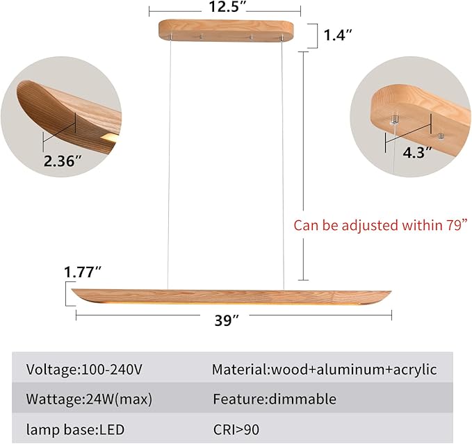 39" 24W Wood LED Linear Pendant Light Fixture, Dimmable Pool Table Island Lights - Image 2