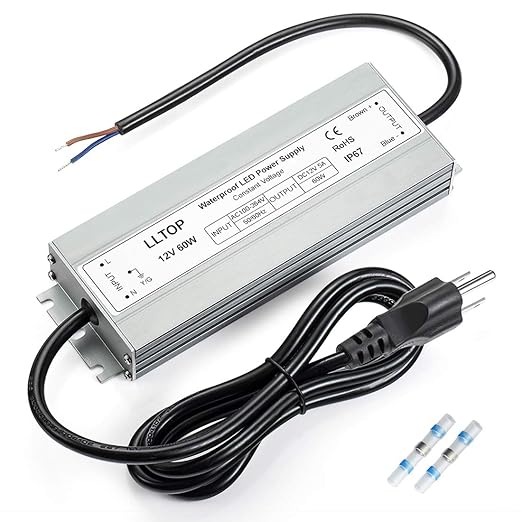 LED Driver 60 Watts Waterproof IP67 Power Supply AC100-264V to 12V DC 5A Low by LLTOP
