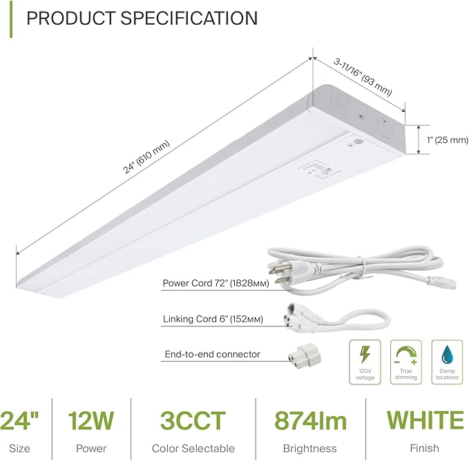 ASD 24 Inch LED Under Cabinet Lighting Plug in or Hardwired, High/Low/Off Switch - Image 2