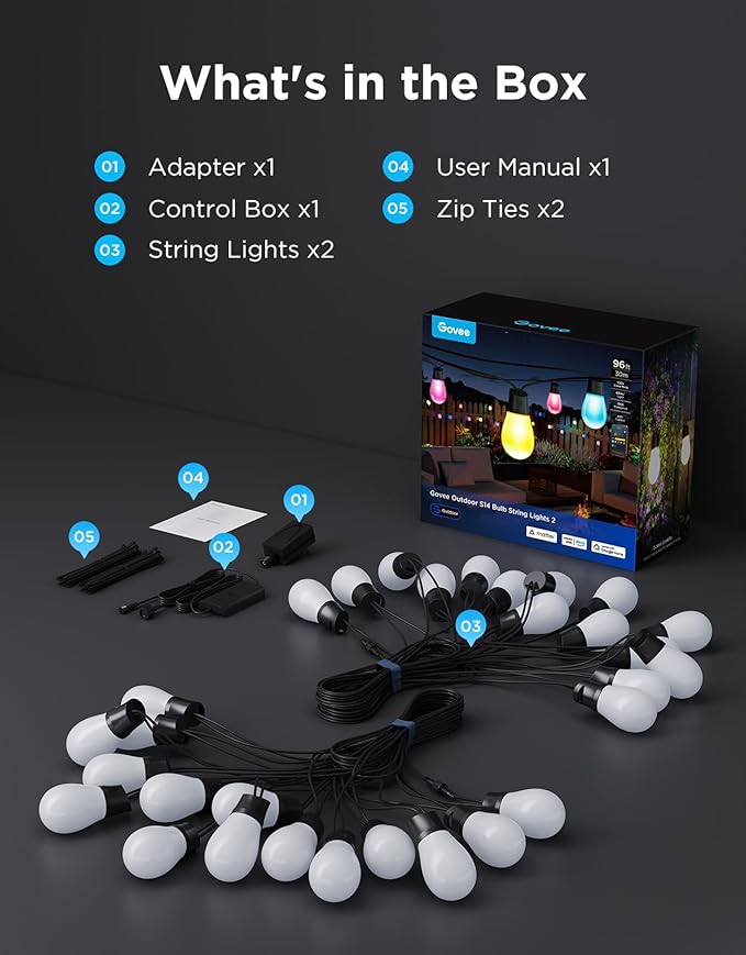 Govee S14 Bulb Outdoor String Lights 2, 96ft Smart RGBIC Warm White Patio Lights - Image 9
