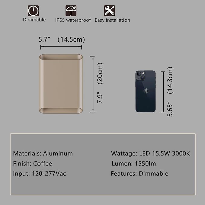 Aluminum Wall Sconces 15.5W LED Waterproof Wall Lights, IP65 Outdoor Porch Lamp - Image 5