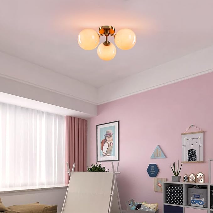 Pink Semi Flush Mount Ceiling Light Fixture, 3 Light Opal Glass Globe Mid - Image 7