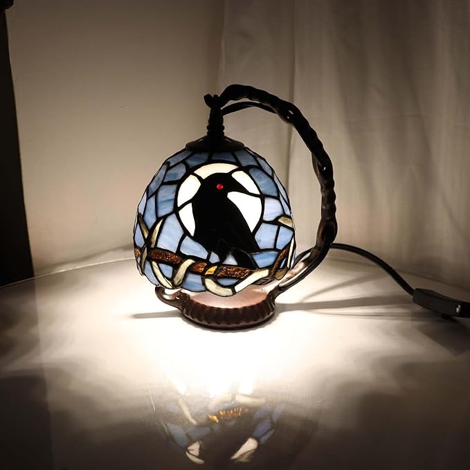 Bieye L12011 Tiffany Style Stained Glass Raven Table Lamp Mini Night Light - Image 3
