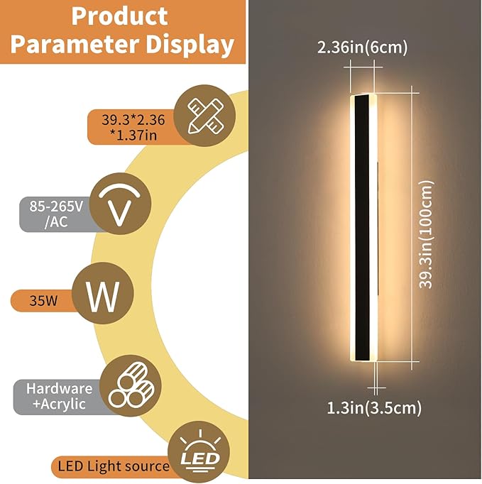 39inch Modern Exterior Lights for House, Outdoor LED Wall Sconces, 3 Color - Image 3