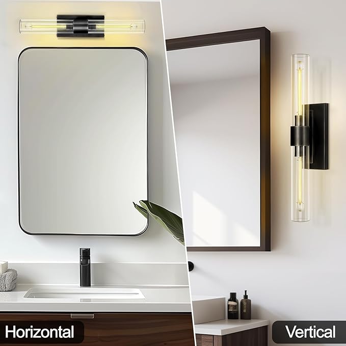 Bathroom Black Vanity Wall Sconces, 2-Light Glass Tube Wall Sconces, Horizontal - Image 3