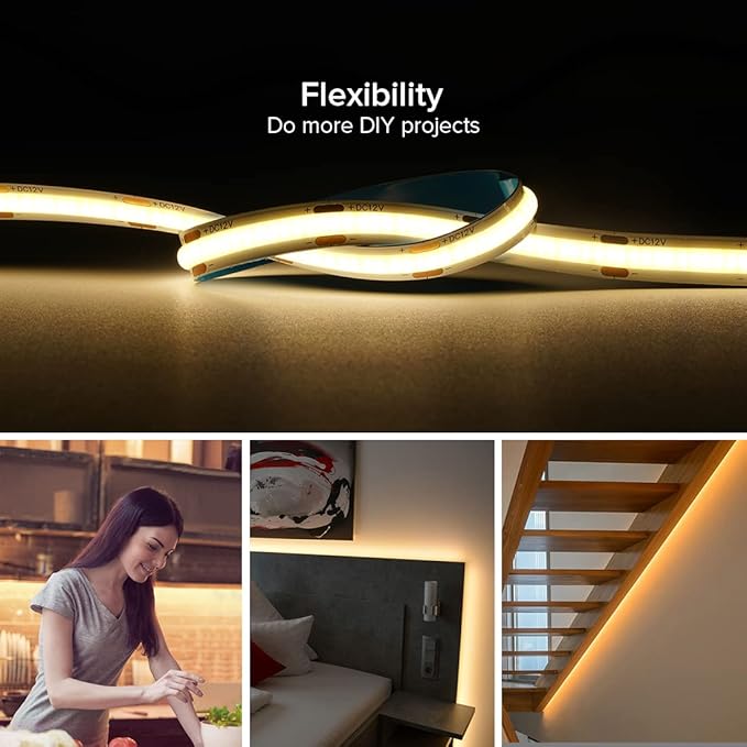 16.4FT COB LED Strip DC12V Warm White Flexible High Density Uniform Bright Light - Image 2