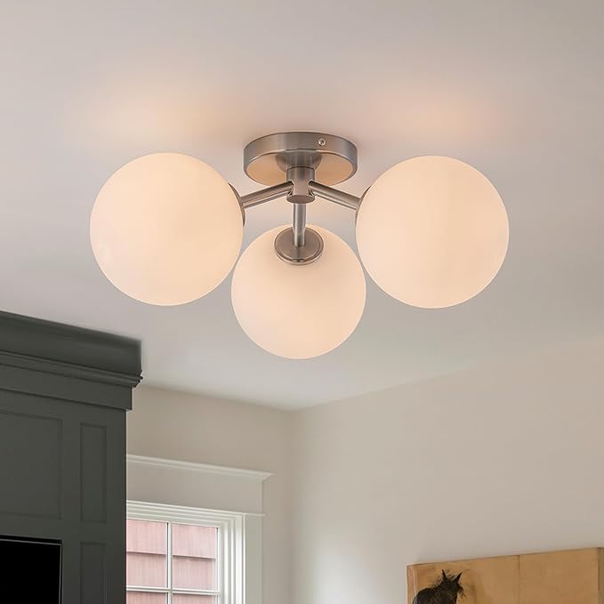 Brushed Nickel Semi Flush Mount Ceiling Light Fixture, 3 Light Milk Glass Globe by Kunlinzhu