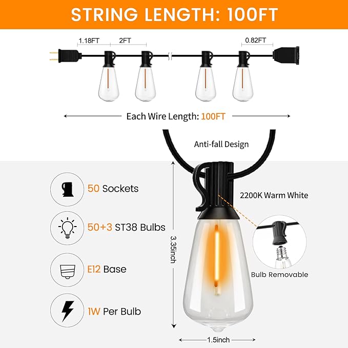 LED Outdoor String Lights 100ft ST38 Waterproof Patio Lights - Image 2