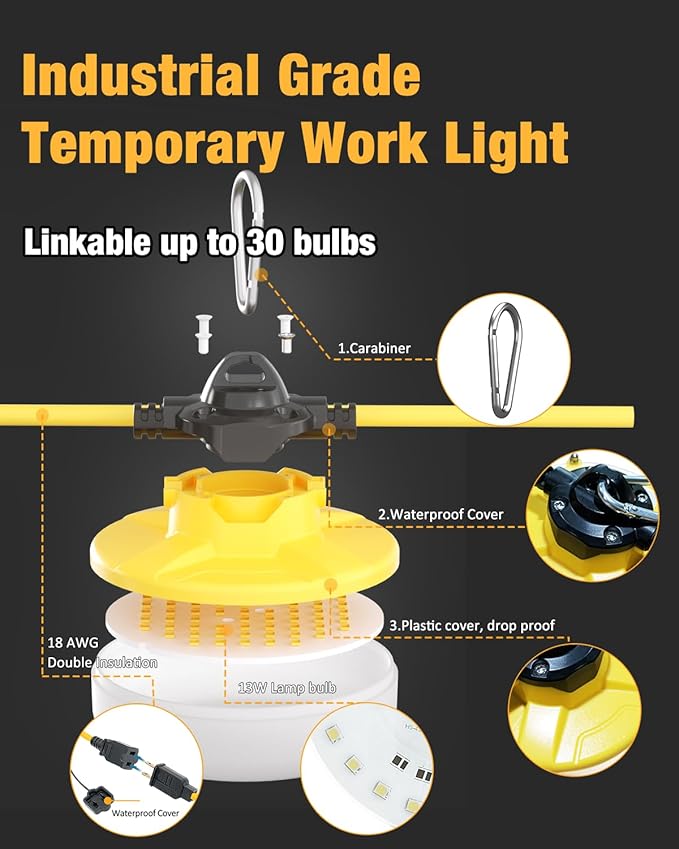LED Construction String Light 100FT, 130W 16000Lm Industrial LED String Work - Image 3