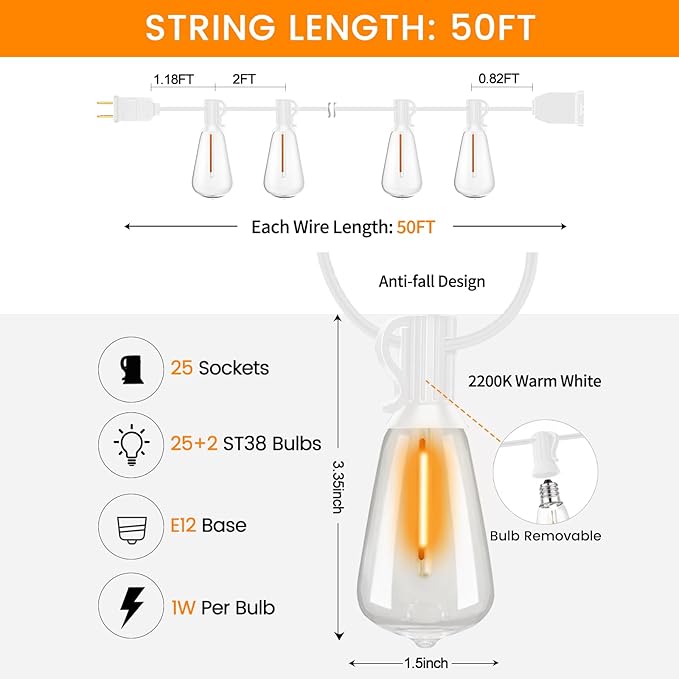 LED Outdoor String Lights 50ft ST38 White Waterproof Patio Lights - Image 3