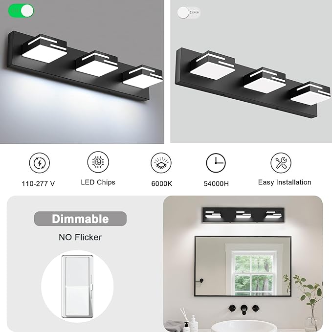 LED Modern Bathroom Vanity Light Fixtures, 3-Light 22-inch Dimmable Matte Black - Image 4