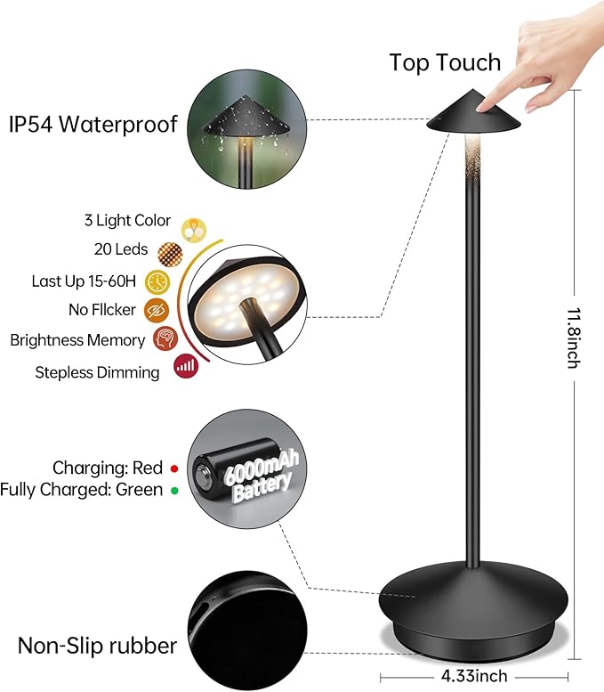 Portable Led Cordless Lamp Table Light 2 Pack, Rechargeable 6000mAh Battery - Image 5