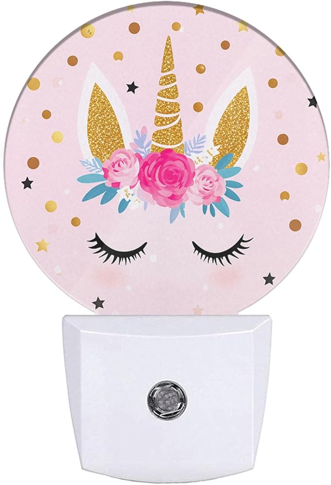 EKOBLA Unicorn Pink Night Light Gold Golden Polk Dots Stars Night Lights Plug by EKOBLA