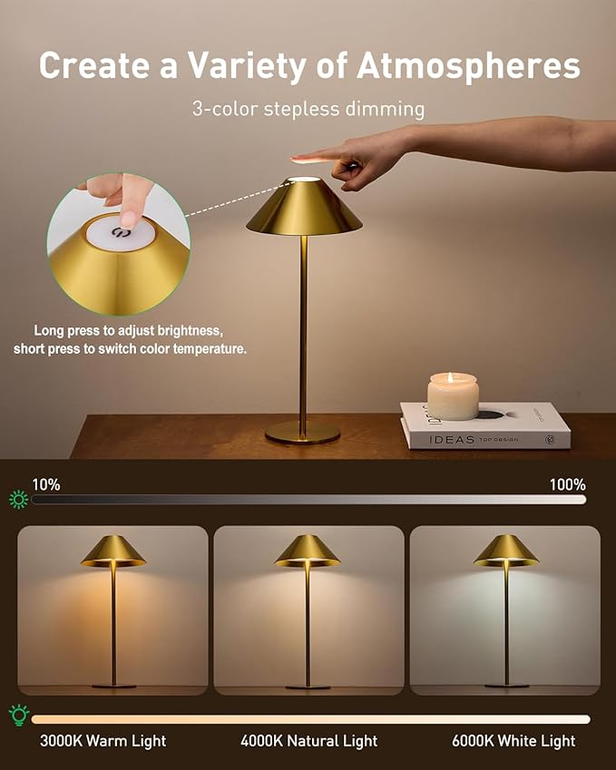Bojim Gold Cordless Lamp Set of 2, Rechargeable Touch Table Lamps - Image 3