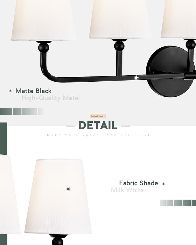 Bathroom Light Fixtures, 5 Light Matte Black Vanity Lights - Image 3