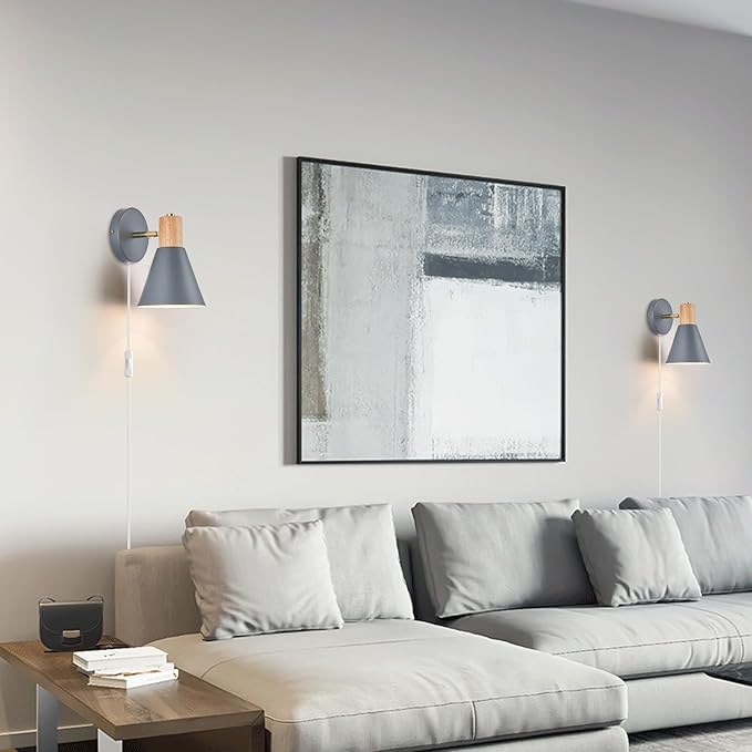 Plug in Wall Sconces Lighting Fixture Pack of 2, Wooden Adjustable Bedside Wall - Image 4