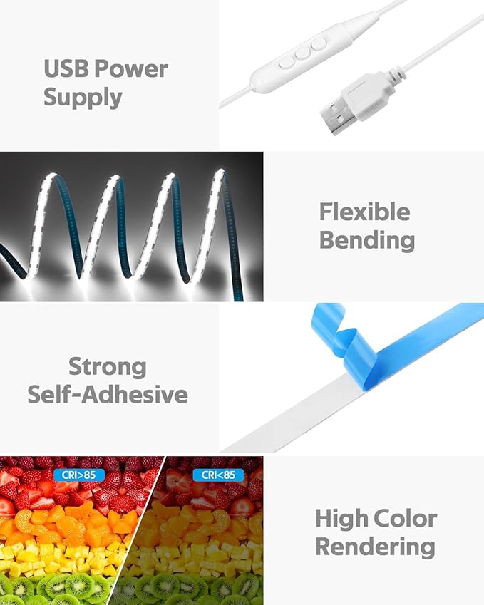 5V USB COB LED Light Strip Dimmable High Density White Light - Image 2