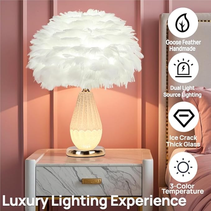 Feather Table Lamp with Cracked Ice Glass Bottle & Gold Base, 2 Separate Lights - Image 2