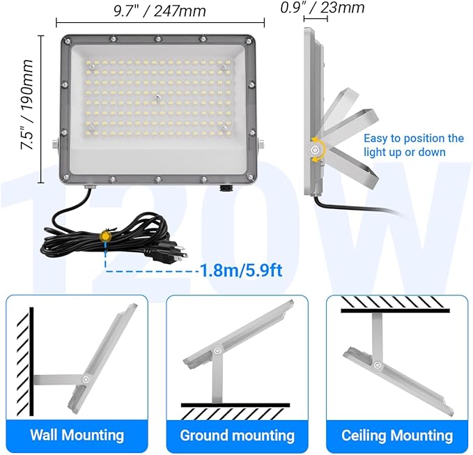 Ceena 120W Plug in LED Flood Lights Outdoor, 12000lm Super Bright LED Work Light - Image 6