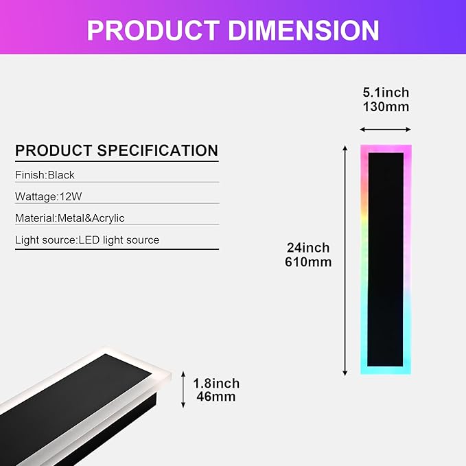 2 Pack RGB LED Outdoor Long Wall Lights, 24 inch Modern Outdoor Light Fixture - Image 7