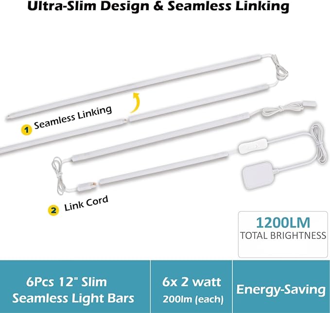 Cefrank Cabinet Lighting 6-Pack 12 inch Seamlessly Linkable Strip Light Bars - Image 5